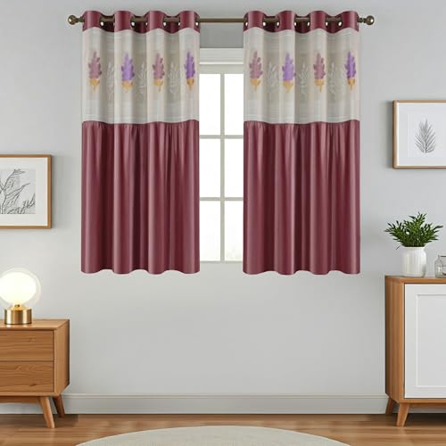 Image of LaVichitra 2 Piece Semi Sheer Floral Net Curtain - 5 X 4 Feet, Window Curtains, Burgundy
