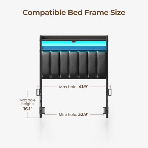 Rolanstar Headboard for Twin Size Bed with Storage, 60,000 DIY Color of LED Light, Head Board with USB & Type C Port, Height Adjustable, Black Upholstered Cabeceras de Cama Comfortable Modern, Leather