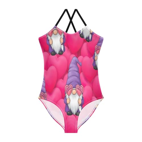 Cute Cartoon Gnome Purple One Piece Girls Swimsuit, Beach Bathing Suits Girls 3-10 Y with Adjustable Shoulder Strap, 3-10 Y
