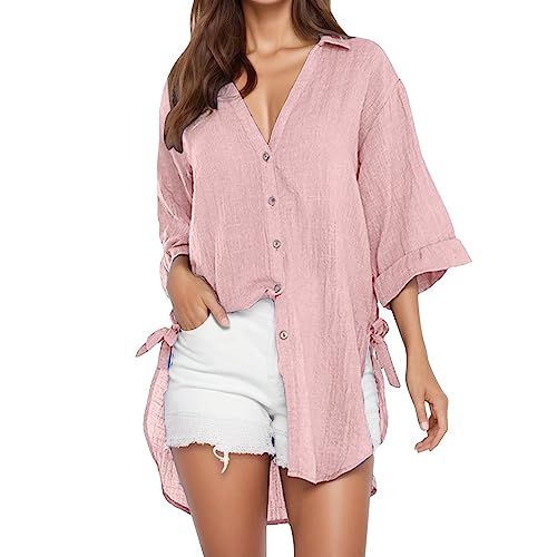 Chemisier long en coton lâche pour femme avec robe tops bouton casual
