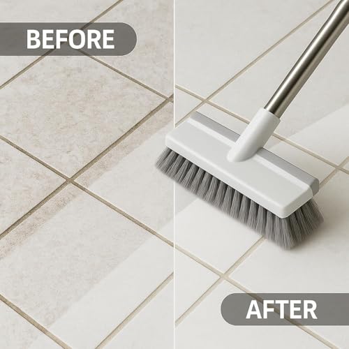 Image of BUYERZONE 2 in 1 Bathroom Cleaning Brush with Wiper, Long Handle Floor Scrubber Brush with Water Wiper Blade, Heavy Duty Tile & Floor Cleaning Brush, Multipurpose Bathroom Kitchen Floor Cleaner Tool