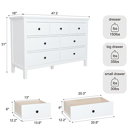 Carpetnal White Modern Dresser For Bedroom, 7 Drawer Double Dresser With Wide Drawer And Metal Handles, Wood Dressers & Chests Of Drawers For Hallway, Entryway. #TOP2