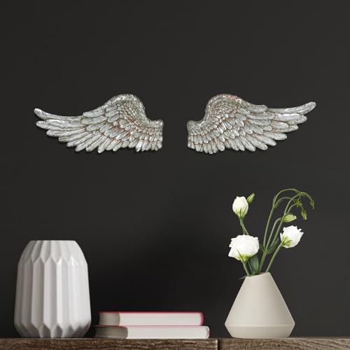 Marco Paul Interiors Décoration murale vintage en résine avec ailes d&rsquo;ange – Style shabby chic – Petite plume argentée – Décoration murale unique pour mariage, baptême et décoration d&rsquo;intérieur