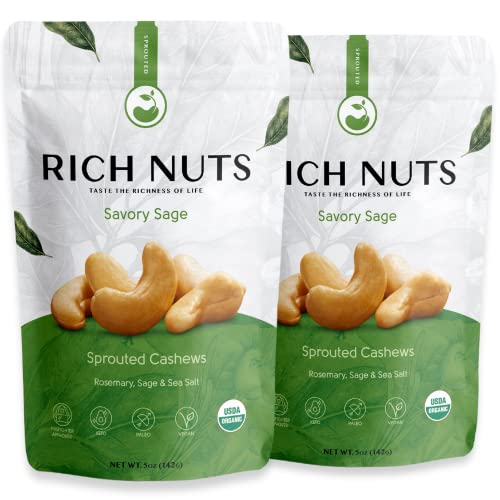 Rich Nuts Savory Sage Gourmet Sprouted Cashews | Vegan, Paleo, Keto | Made With Organic Rosemary, Sage, And Sea Salt | Non-Roasted From Dehydrated Germinated Raw, Whole Cashews | 5 Oz Bag (2 Pack) #TOP8