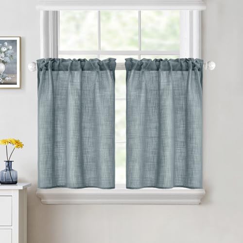 MIULEE Cafe Curtains 36 Inch Length Half Window Curtain Semi Sheer Farmhouse Short Linen Drapes for Kitchen Bathroom Basement Small Window, Rod Pocket Tier Curtains 2 Panels W26XL36, Stone Blue