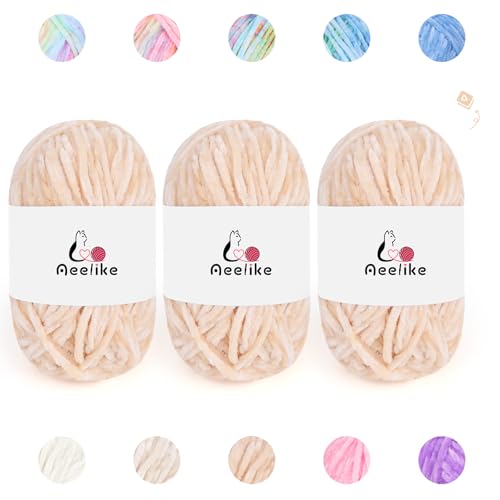 Image of Aeelike 3 Pack Chenille Yarn,Soft Polyester,Each 100g /10.5oz 197yds,Skin | 4 Medium Velvet Yarn,Easy for Beginners Crocheting Animal,with How to See Stitchs Tutorial Video,Ideal Crochet Craft Gift