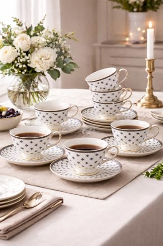 Image of White Cup with Saucer Set of 12 Pcs | Tea /Coffee Cups 180 ml | Microwave & Dishwasher Safe | Bone-Ash Free | Crockery Set Ideal for Daily Use & Gifting, White Gift Set