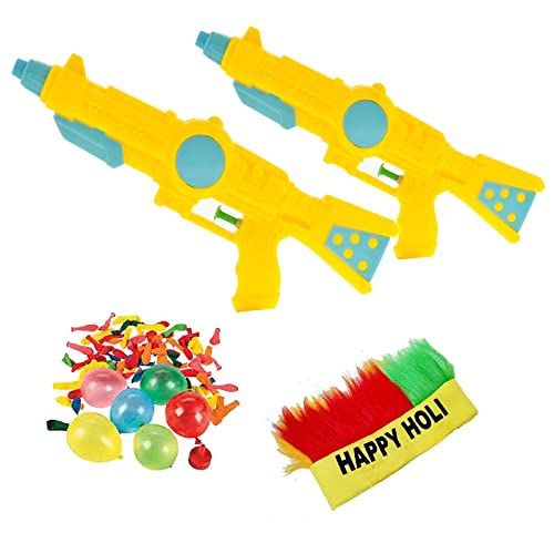 Image of Brown Leaf Toy Gun Holi Pichkari Water Gun Water Pistols Pichkari for Kids Holi Pool Party Fun Toys (2 Pichkari 200 Water Balloon 1 Holi Cap)