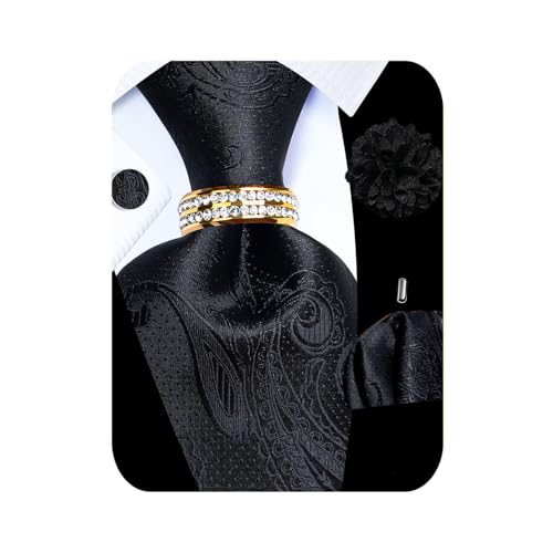 Image of 5PCS Mens Silk Tie, Pocket Square, Cufflinks, Drilled Tie Ring and Lapel Pin Set for Wedding Groom Party