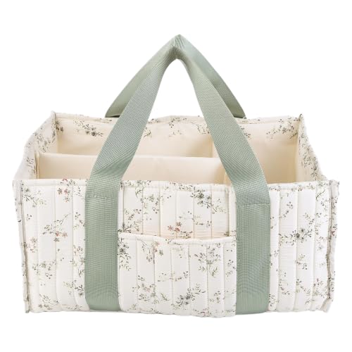 Organizador de pañales floral con asa, elegante cesta de almacenamiento para guardería con división extraíble, cesta de regalo para baby shower para niñas y niñas (hojas verdes)