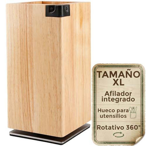 Porta cuchillos cocina magnético rotativo 360º XL con afilador integrado. Soporte cuchillos cocina magnético hecho en madera maciza. Imán para cuchillos con afilador. Taco cuchillos