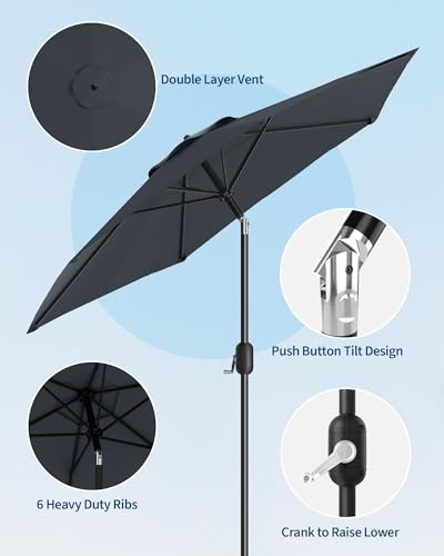 7.5FT Outdoor Patio Umbrella, Outdoor Table Umbrella, Market Umbrella with Push Button Tilt and Crank, 6 Sturdy Ribs UV Protection Waterproof for Garden, Deck, Backyard, Pool (Grey)