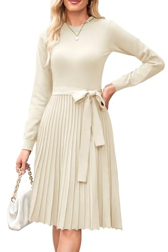 Arach&Cloz Sweater Dresses Women 2025 Trendy Fall Winter Long Sleeve Crew Neck Tie Waist Pleated A Line Knit Knee Length Dress(Apricot,XX-Large)