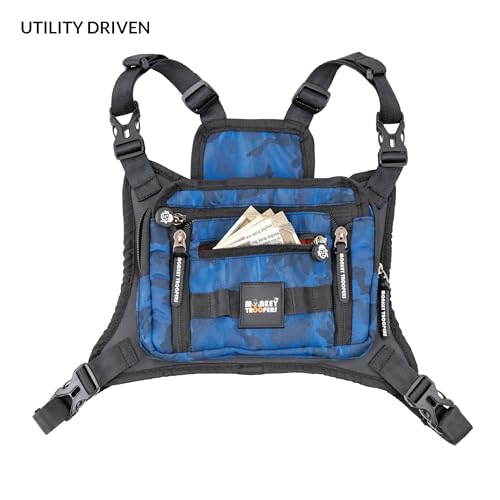 Image of MONKEY TROOPERS Torque Magnetic Chest Bag for Biking, 2L, Blue Camo | Magnetic Tank-Mount Harness, Touch-Sensitive Phone Pocket, Detachable Front Pouch, Organiser Pockets