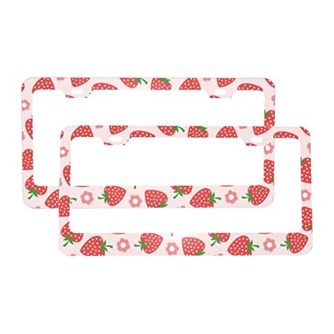 Joyidec Cute Funny Strawberry Pink Flower License Plate Frame Cover 2 PCS Metal Front Plates Frames Car Accessories Tag Frame for Women Men US Vehicles Standard 12x6 in with Screw Caps Cover