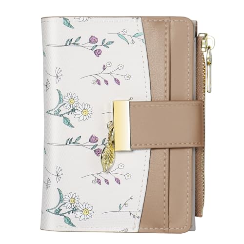 Image of Avando Wallets for Women- RFID Blocking- Soft PU Leather Bifold Coin Zipper Pocket Purse-Small flower wallet Credit Card Holder with ID Window (Khaki)