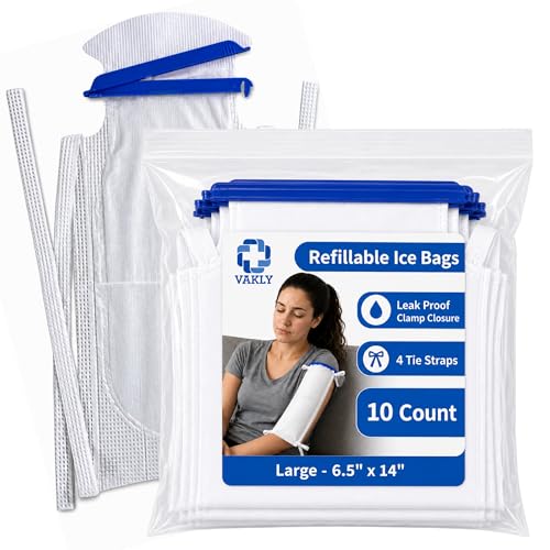 Image of Vakly Large Refillable Ice Bags 6.5 x 14 [Pack of 10] - Reusable Ice Pack with Clamp Closure, Soft Outer Covering & Leak-Resistant Inner Layer for Hospital, Home & Sports Use