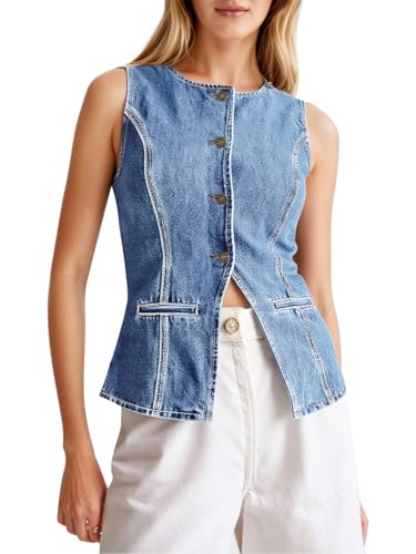 Tankaneo Womens Button Down Denim Vest Trendy Fitted Sleeveless Jean Tank Tops Crew Neck Waistcoat
