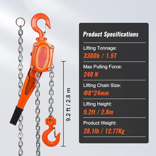 Elektrischer Kettenzug mit Handhebel, 1 Tonne Tragkraft für Garagen, G80 verzinkter Stahl, Robustes, tragbares Hebezeug, langlebig, ideal für Bauarbeiten und mehr,2t-1.5m