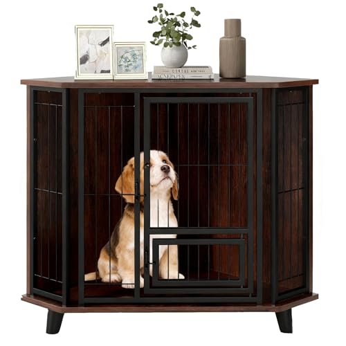 GYMAX Cage pour Chien d'angle en Bois, avec Porte Verrouillable et Trappe à Nourriture, Niche pour Petits et Moyens Chiens, Caisse Intérieure pour Animaux,...