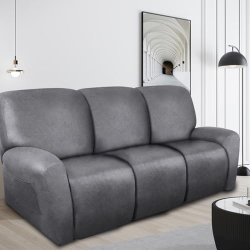 Image of ANARACHON Recliner Couch Cover Leather Look Recliner Sofa Covers for 3 Cushion Reclining Sofa Slipcovers 8-Pieces Furniture Protector Spandex Fabric Washable (3 Seater, 01 Light Grey)