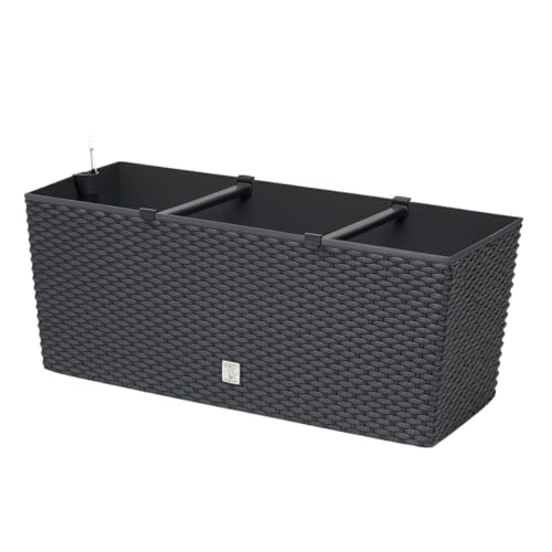 BirnePower Jardinière de Balcon avec Système d'Irrigation, Bac à Plantes Rectangulaire Aspect Rotin, Réservoir d'eau et Indicateur de Niveau, Résistant aux UV, 60 cm, Anthracite