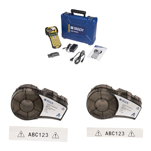 Image of Brady M210 Portable Label Printer Kit (M210-KIT), Yellow /Black & Authentic (M21-750-595-WT) All-Weather Vinyl Label & Authentic (M21-500-595-WT) All-Weather Vinyl Label