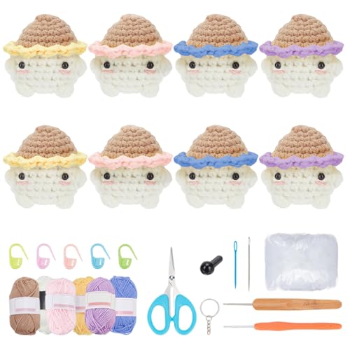 ORIGACH 8 Pcs DIY Sunflower Mushroom Baby Crochet Kit for Beginner Adults, Complete Crochet Keychain Set with Step by Step Video Tutorial, Instruction, Yarn, Hook, Accessories