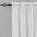 White Sheer Curtains 45 Inch Length, Modern Geometric Embroidery Sheer Rod Pocket Voile Drapes for L