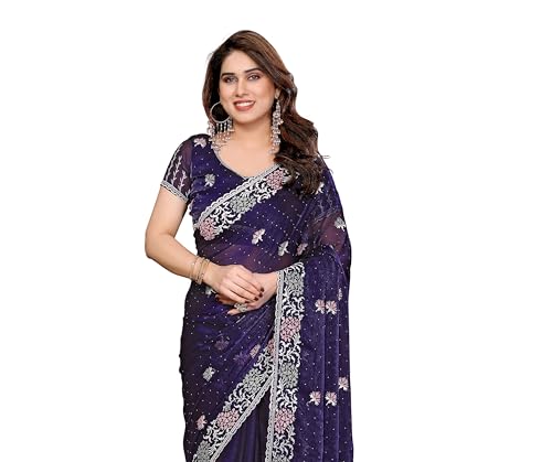 Sari bleu marine Ekasya E6421 en mousseline : révélez votre grâce naturelle