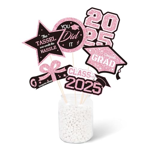 Gexolenu 30 PCS Glitter Black and Pink Double-Sided Graduation Centerpieces for Tables, 2025 Graduation Table Toppers Party Centerpiece Sticks Party Supplies, Set of 5