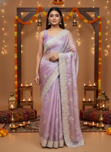 Image of Glory Sarees Women's Organza Chiffon Embroidery Work Scallop Border Saree With Blouse Piece (Chiffon101 Parent)