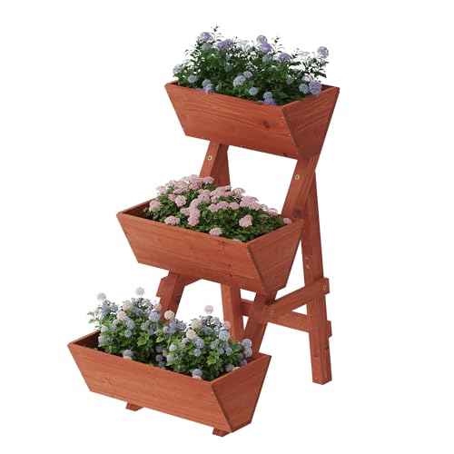 PULIJIAJU 3-Tier Wooden Vertical Raised Garden Bed with Legs, Tiered Planter Box, Vertical Garden Planter,Wood Plant Stand Wood Flower Rack for Patio, Balcony, Freestanding. (Brick Red-Small)