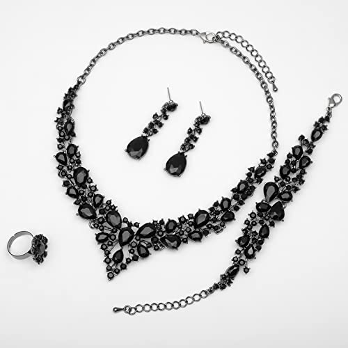 Csy Women's Vintage Austrian Crystal Necklace Earrings Bracelet Ring Set Retro Bridal Jewelry For Brides Wedding Party Gothic Costume Accessories #TOP2