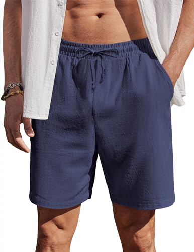 Image of COOFANDY Men's Cotton Summer Shorts Lightweight Breathable Drawstring Half Pants Elastic Waist Casual Shorts for Beach Holiday, Travel & Lounging Navy Blue M