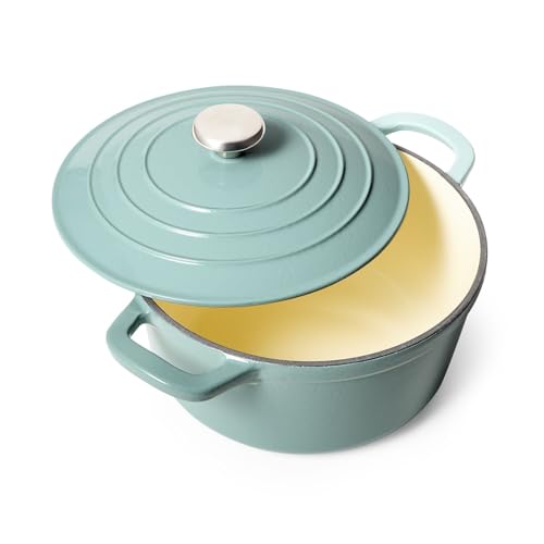 Sur La Table 5-Qt Enameled Cast Iron Dutch Oven â€“ With Lid for Braising, Baking & Deep Frying, Induction Compatible, Oven to 500Â°F, Moisture-Retaining Design for Flavorful Results, Light Teal
