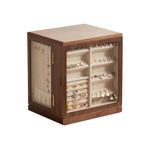 Homruilink grande Joyero de nogal negro, organizador de joyas de madera giratorio 360° con cinco cajones y ventanas laterales de vidrio, Regalo para Ella
