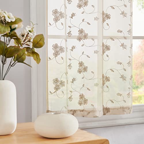Lazzzy Taupe Sheer Kitchen Curtains Cafe Curtains Floral Embroidered Voile Tiers Short Half Window Semi Sheer Tier Curtains Farmhouse Small Door Window Curtains 45 Inch Rod Pocket 2 Panels Taupe #TOP4