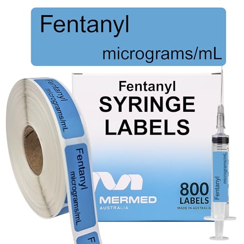 Fentanyl micrograms/mL Syringe Labels - Box of 800 Labels on Roll (1" core). 12mm x 40mm (Approx 0.5" x 1.5"). Latex-Free Permanent Adhesive. Printed in Australia by Specialist Medical Printer