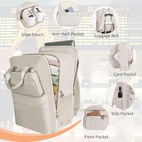 BERTASCHE Travel Backpack for Women with 15.6 inch Laptop Sleeve, 35L Carry On Backpack Flight Approved, Personal Item Travel Bag for Work Business Trip Weekender Expandable Casual Daypack, Beige4