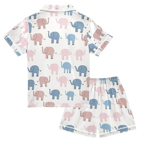 Colorful Cute Elephant Summer Satin Pajama Set, Cute Button-Down Sleepwear Pj Set for Sleep Wears2
