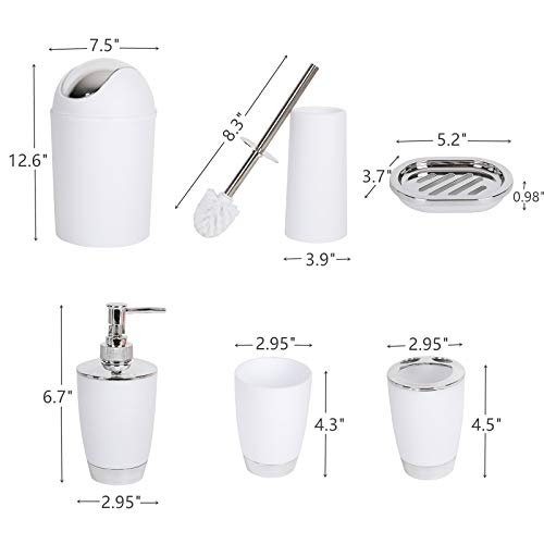 YCOCO Bathroom Accessories Set,6 Pcs Plastic Bathroom Accessories,Toothbrush Holder,Mouthwash Cup,Soap Dispenser,Soap Dish,Toilet Brush,Trash Can,White