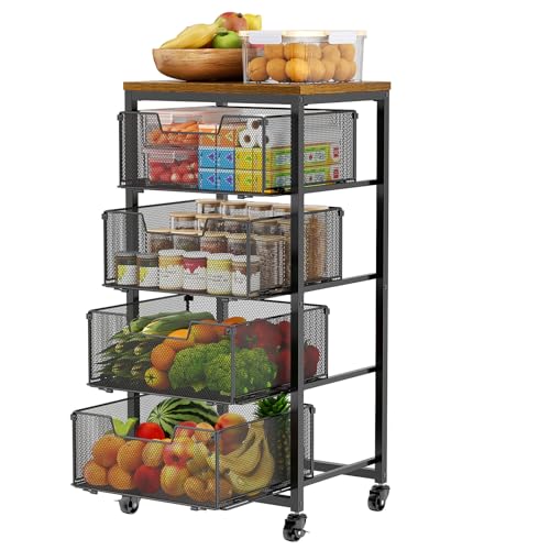 Image of Zuyachuza Kitchen Rolling Cart with Drawers, 4-Tier Fruit Vegetable Storage Cart on Wheels with Wooden Top, Kitchen Rolling Storage Rack to Storage Cans Snacks and Potato for Kitchen，(Patent Pending)