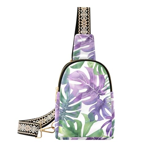 Mnsruu Bolso bandolera pequeño para mujer, diseño de hojas tropicales, color verde y morado, de piel, bolsa de pecho, Multicolor 39, Talla única