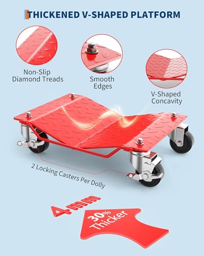 Heavy Duty Car Wheel Dolly Set of 4, 6000LBS Capacity Vehicle Mover with Dual-Lock Brakes, Automotive Dollies for Cars/Trucks/Trailers/Motorcycles, Red