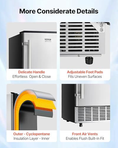 Image of VEVOR Under Counter Ice Maker, 80 Lbs /Day Stainless Steel Built-in Ice Makers Machine with Drain Pump Reversible Door, 26lbs Storage Freestanding Ice Maker for Commercial Home Kitchen