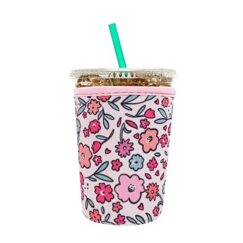 Image of Insulated Neoprene Cup Sleeve for Iced Coffee & Cold Soda - Reusable & Sweatproof, Keeps Drinks Cold Longer, Coffee Coolie for Hot & Iced Drinks (Pink Garden, Small: 16-18oz)