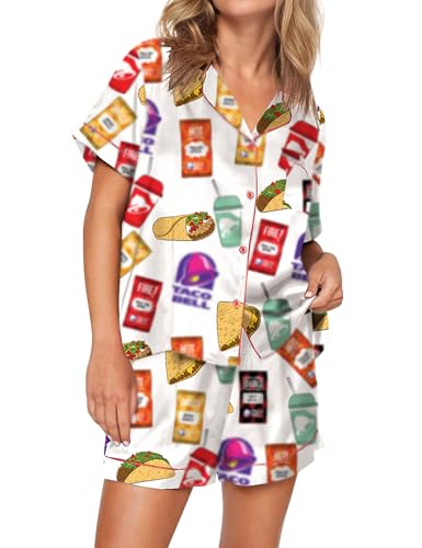 Pajama Sets for Women Satin Pajamas Short Sleeve Sleepwear Button Down Pjs Print White XXXL — view 2