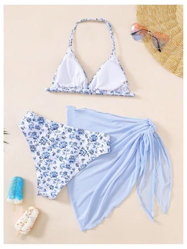 SHENHE Girl's Swimsuits 3 Piece Halter V Neck Floral Bikini Set with Mesh Skirt Cover Up2