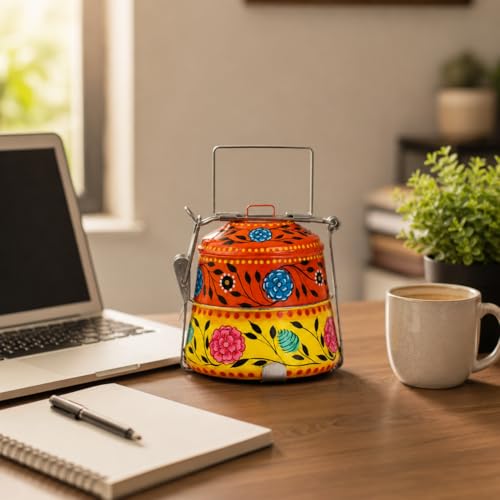 Image of iHandikart Handpainted Decorative Lunch Box Tiffin | Multiple Tier Stainless Steel Food Box | Designer Indian Print Tiffin for School | Diwali Gift, Navratri Gift (Color - Multicolor)